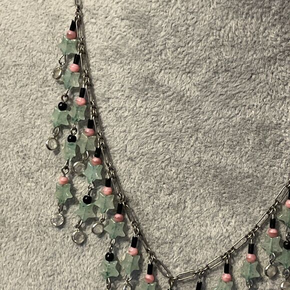 Vintage .925 Sterling Lucy Isaacs Aventurine Stars and Czech Glass Necklace - Picture 2 of 7